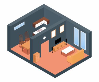 Oturma odası ve mutfağın minimalist tarzda beyaz arka planda izole edilmiş bir iç mekanı. Ev konsepti çevresi. Vektör illüstrasyonu.