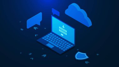 Dizüstü bilgisayarı, kişisel şifresi, bulutu, kalkanı ve sohbet baloncuğu olan veri koruma web sitesi konsepti. Çevrimiçi güvenlik kavramı. Vektör illüstrasyonu