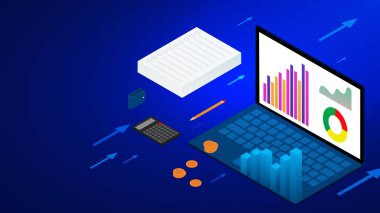 Laptop, hesap makinesi ve bozuk paralarla Isometric finansal yönetim kavramı. Veri analizi ve iş dünyasının kilit performans göstergeleri. Vektör illüstrasyonu.