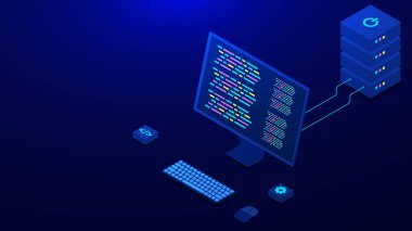 Sunucu izometrik ile bilgisayar programlama kavramı. Programlama dilleri, yaratım dijital yazılımı, masaüstü platformu. Bilgi teknolojisi ve bilgisayar mühendisliği. Vektör illüstrasyonu.