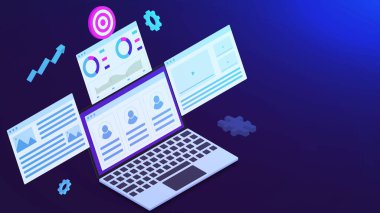 Laptop izometrik ile dijital içerik pazarlama stratejisi. Reklamcılık, web sitesi yayıncılığı, blog yazma, iniş sayfası ve video promosyonu. Vektör illüstrasyonu.