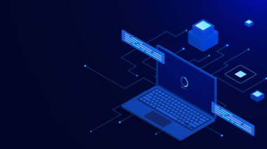 Laptop ve sunucu izometrik ile büyük veri işleme. Veri akışı, veri depolama ve kullanıcı verilerinin sunucu konseptine transferi. Vektör illüstrasyonu