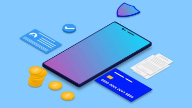 Mobil bankacılık, dijital internet bankası ve akıllı telefon, kredi kartı, banka kartı, kalkan ve açık mavi arka planda izometrik para yığını ile çevrimiçi finans hizmeti. Vektör illüstrasyonu