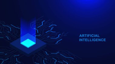 Devre kartlı yapay zeka kavramı ve teknoloji arka planı için parlayan izometrik mikroçip. Bilgisayar, elektronik ve makine öğrenme. Vektör illüstrasyonu