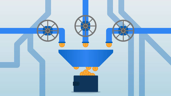 Multiple income streams, revenue from invest, business profit and passive income concept with coins coming out of the pipe and into the wallet. Vector illustration