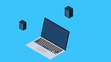 Programlama konsepti animasyonu. Mavi arkaplanda web geliştirme için 3D izometrik dizüstü bilgisayar, sunucu, dişli ve bulut hesaplama. 4K video