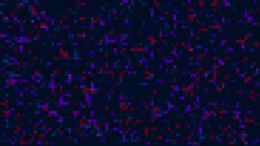 Soyut dijital teknoloji arka plan animasyonu rastgele parlayan ve koyu mavi arkaplanda renkli noktalar. 4K video