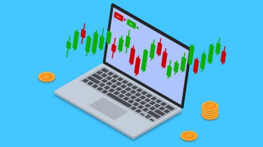 Borsa, hisse senedi ticareti ve dizüstü bilgisayarlı finansal yatırım konsepti, şamdan ve mavi arka planda 3D izometrik para yığını. Vektör illüstrasyonu