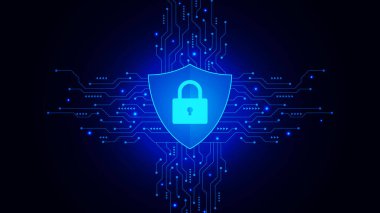 Dijital asma kilit, kalkan ve fütüristik devre kartı olan kilit işareti. Siber güvenlik, internet güvenliği ve kişisel veri koruma kavramı. Vektör illüstrasyonu