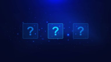 Parlayan parçacıkları olan soru işareti. Test, araştırma, karar, bilgi, problem ve çözüm konsepti koyu mavi arka plan. Vektör illüstrasyonu