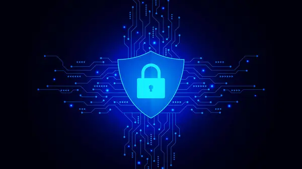 Dijital asma kilit, kalkan ve fütüristik devre kartı olan kilit işareti. Siber güvenlik, internet güvenliği ve kişisel veri koruma kavramı. Vektör illüstrasyonu