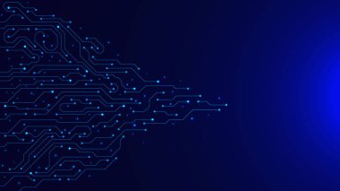 Koyu mavi arkaplanda parlayan parçacıklar olan yapay zeka devre kartı. Elektronik ozanla mavi renkler birbirine bağlı. Anakart ve dijital teknoloji konsepti. Vektör illüstrasyonu