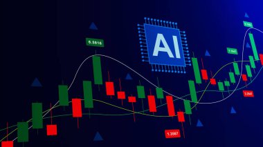 Şamdan grafiği olan yapay zeka çipi. Borsa, hisse senedi ticareti, finansal yatırım ve yapay zeka kavramı. Vektör illüstrasyonu