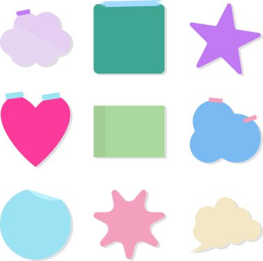 Yapışkan bant ve beyaz arkaplanda izole edilmiş gölge içeren gerçekçi pastel renkli boş hatırlatma notları. Vektör illüstrasyonu