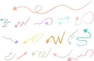 Pastel renkli pastel boyalı el okları. Beyaz arka planda izole edilmiş farklı yönlerdeki grunge ince oklar koleksiyonu. Vektör illüstrasyonu