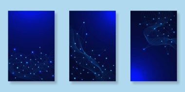 Koyu mavi arka plandaki bilimin gelecekteki yenilikleri için soyut teknoloji posteri. Kitap kapağı, broşür ve broşür tasarımı için fütüristik noktalar ve birleştirici satırlar. Vektör illüstrasyonu