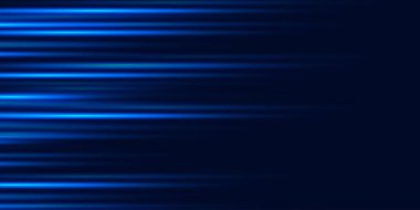 Koyu mavi arkaplanda fütüristik, yatay, neon ışık çizgileri içeren soyut bir gradyan etkisi. Vektör illüstrasyonu