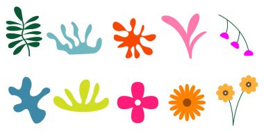 Beyaz arka planda izole edilmiş renkli organik şekiller. Şirin tasarım elemanları koleksiyonu. Vektör illüstrasyonu