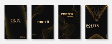 Soyut lüks altın dalgalı çizgiler poster seti. Kitap kapağı, davetiye, el ilanı, afiş şablonu için zarif bir tasarım. Vektör illüstrasyonu