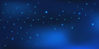 Lacivert arkaplanda noktaları ve çizgileri birleştiren soyut çokgen. Veri transferi, küresel iletişim, teknoloji ve bilim konsept tasarımı. Vektör illüstrasyonu