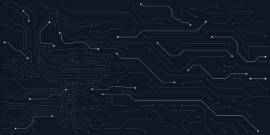 Altın elektronik tahta. Karanlık arka planda yüksek teknoloji konsepti için devre kartı dokusu. Vektör illüstrasyonu