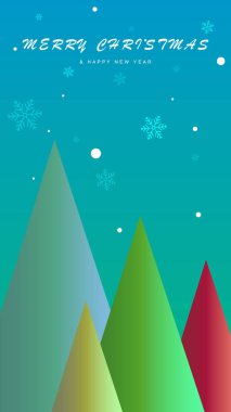 Mutlu Noeller ve mutlu yıllar. Noel ağacı ve kar taneleri olan minimalist bir davet. Tebrik kartı ve mevsim için uygun. Vektör illüstrasyonu