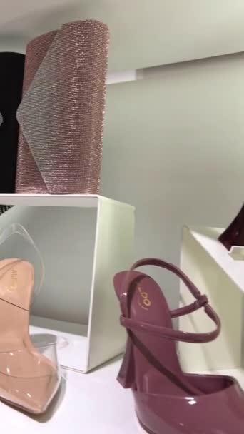 High Heeled Shoes Handbags Different Colors Counter Guildford Town Center — Stock Video
