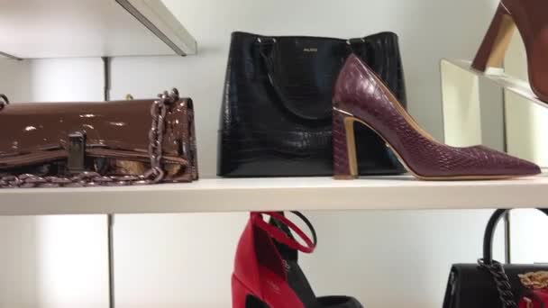 異なる色のハイヒールの靴とハンドバッグは カウンターギルフォードタウンセンターにありますAldoシューズ店メトロポリスでジュエリーやバッグを持っていますメトロポリスタウンサリーバーナビーBcカナダ27 2022 — ストック動画