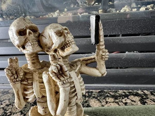 Скелеты Ног Делают Селфи Смотрят Мобильный Телефон Улыбаются Зубами Показывают — стоковое фото
