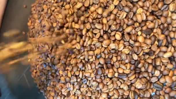 咖啡豆掉在木制的褐色地板上 它们被搬开了 弹跳着离开了 它们已经不新鲜了 它们将尝不到变质过的劣质咖啡 — 图库视频影像