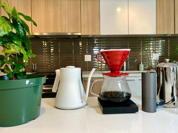 Coffee Server, White Kettle, french press, Coffee grinder and pourers kitchen there are different devices for brewing craft coffee Nearby grows a coffee tree Kitchen professional coffee shop