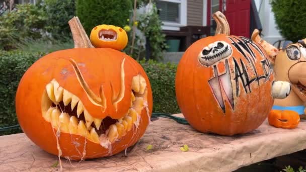 Art Carving Vegetables Fruits Carved Different Characters Faces Pumpkin Halloween — Stock Video