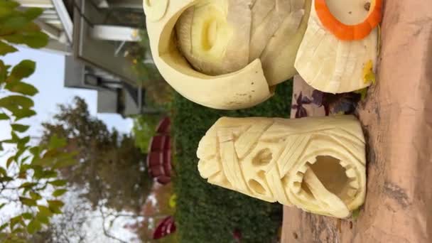 Sztuka Rzeźbienie Warzyw Owoców Rzeźbione Różne Postacie Twarze Dyni Halloween — Wideo stockowe