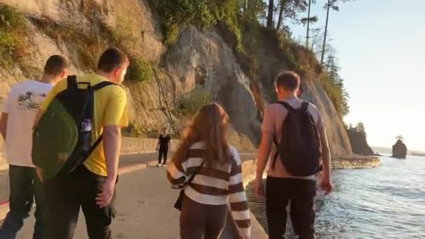 10代の2人の男の子と女の子は 山の左側の太平洋の右側の距離に背を向けてスタンレーパークを歩いています08 2022バンクーバーカナダ — ストック動画