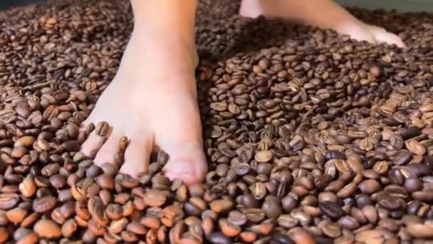 Nohy Chůzi Staré Obilí Káva Close Prsty Nohou Kroucení Otáčení — Stock video