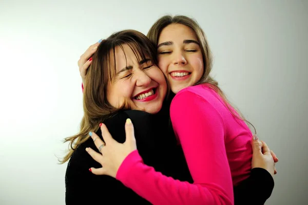 Mom Daughter Hugging Have Lot Tenderness Love Each Other Strongly — Stock Photo, Image