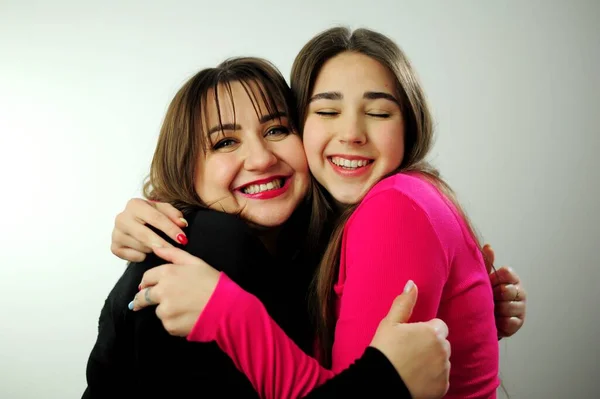 Mom Daughter Hugging Have Lot Tenderness Love Each Other Strongly Stock Photo