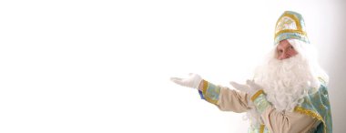 Bigballrd Sinterklaas 'ın reklamını yapmak için beyaz arkaplan. Hollanda Noel Baba Aziz Nicholas' ın yeni yıl resmi. Mavi takım elbiseli güzel bir karakter.