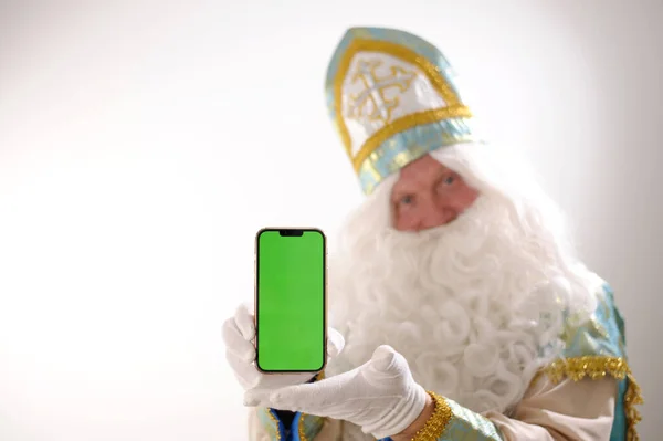 Zielony Ekran Chroma Klucz Telefon Bajka Miesięcy Mikołaj Cudotwórca Święty — Zdjęcie stockowe