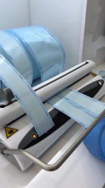 Diş hekimi asistanları eldiven takıp vakumlu ambalaj makinesini kullanarak otomatik klavyeye yerleştirmek için diş aletlerini paketliyor. Kısırlık ve güvenlik konsepti tanınmayan kişi Maskesi