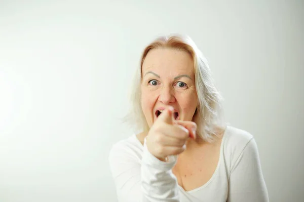Point Your Finger Frame Happy Woman Pointing Index Finger Camera — Stock Photo, Image