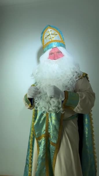 Nicholas Conjures Waving His Hands Creates Magic Jolly Santa Celebrates — Stock Video