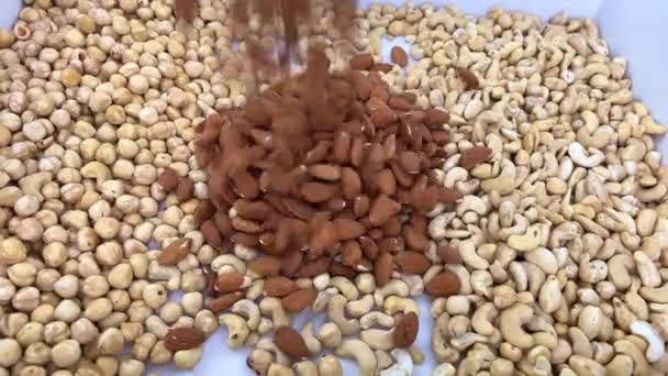 Αμύγδαλα Διάφορα Καρύδια Ποικιλία Καρύδια Αμύγδαλα Κάσιους Μακαντάμια Φιστίκια Φουντούκια — Αρχείο Βίντεο