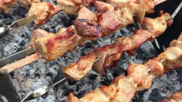 Primo Piano Grigliata Piatto Saporito Barbecue Processo Cottura Shashlik Gustoso — Video Stock