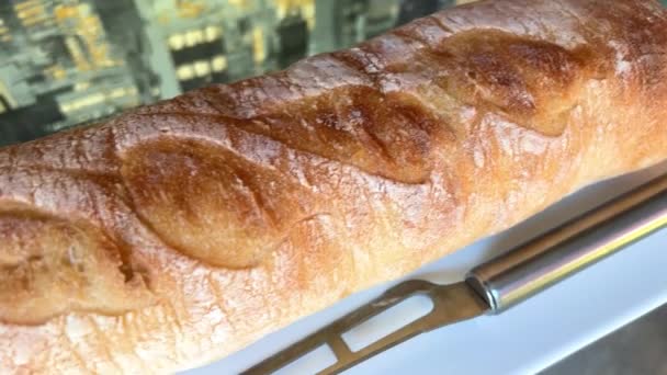 Freshly Baked Ciabatta Bread White Board Sliced Bread Beautiful Letter — Vídeo de stock