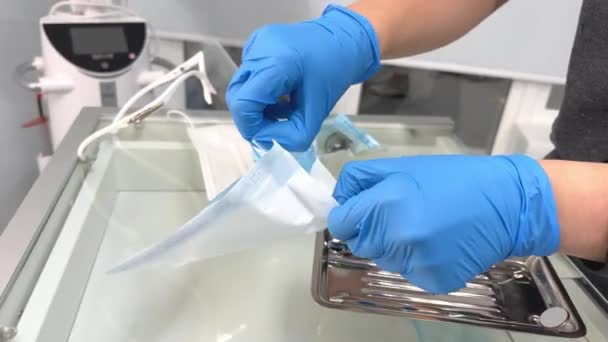 Unpacking Clean Disinfect Other Instruments Unpacking Female Hands Blue Gloves — Video