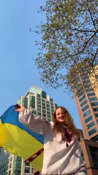 年轻的少女在风中摇曳着乌克兰的旗帜 在镜头前飘扬着乌克兰的黄色蓝色旗帜 她身穿红色绣花的白色Vyshyvanka 在蓝天的映衬下欢快地微笑着乌克兰的胜利 — 图库视频影像