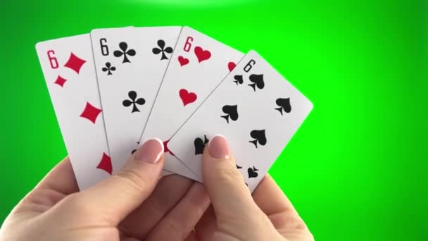 Hand Holding Four Sixes Green Background Close Female Hands French — Stock Video