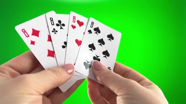 Hand Holding Four Eights Green Background Close Female Hands French — Video