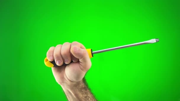 Yellow Screwdriver Isolated Screwdriver Hands Man Green Chromakey Background High — Vídeo de stock